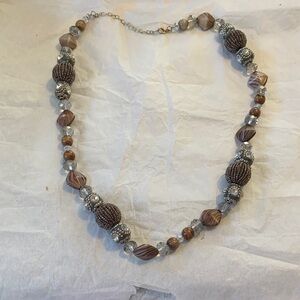 Handcrafted Costume Jewelry: Elegant Brown and Silver Beaded 32” Necklace